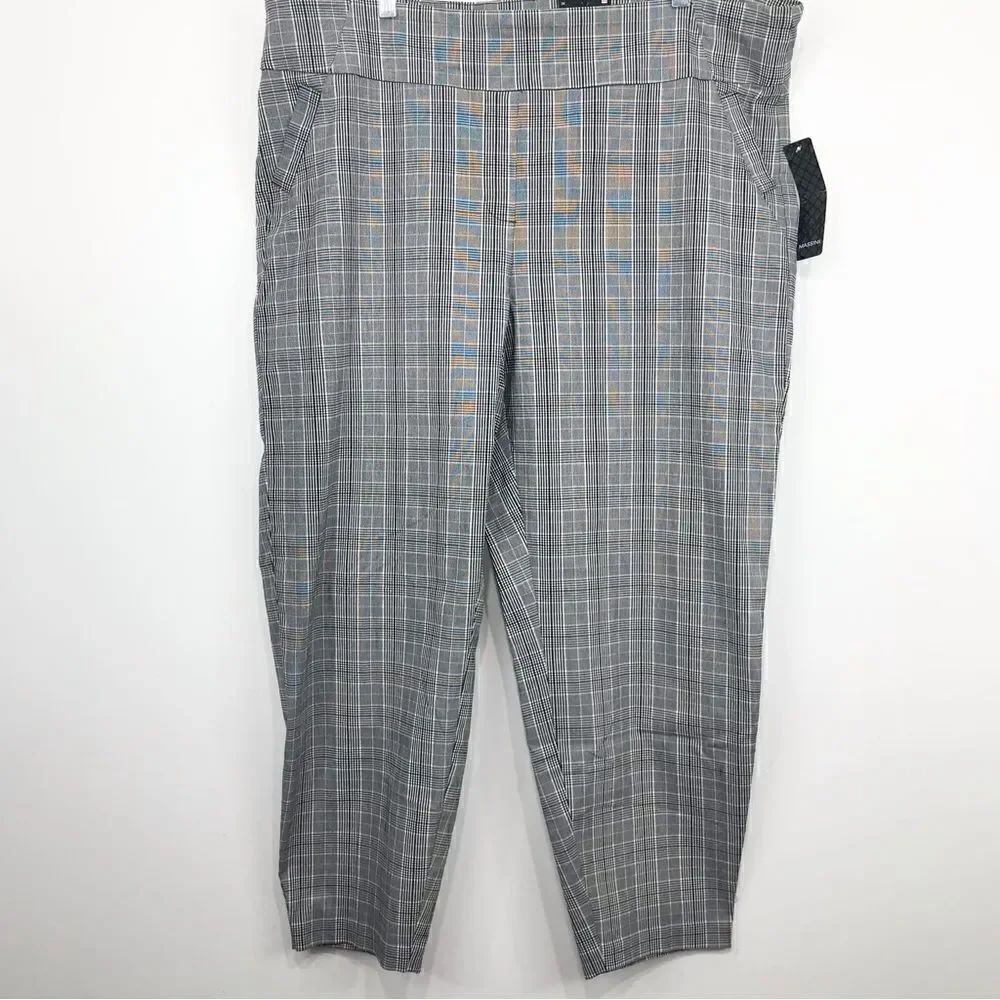 Massini Black White Plaid Skinny Pull On Mid-Rise Comfort Stretch Pants